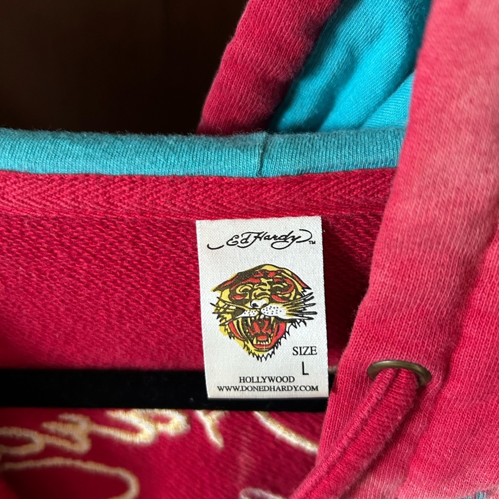 ED HARDY 1990s Vibrant Red and Teal Hoodie - Picture 5 of 5